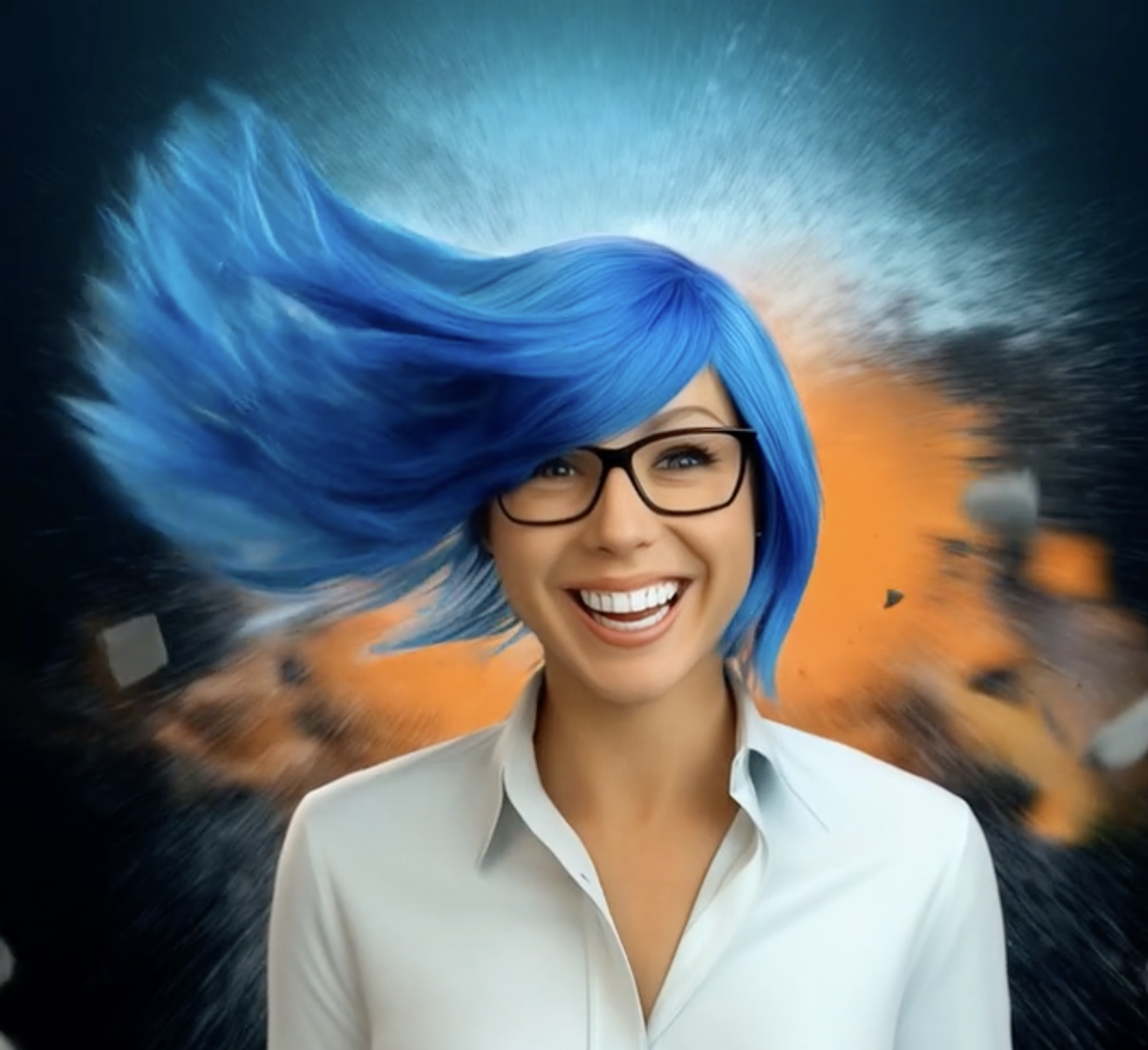 headshot of white woman with blue hair and glasses